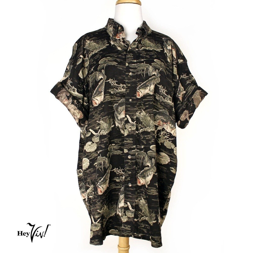Vintage Mens RedHead Hawaiian Shirt Black Cotton Fishing Theme Size XL - Hey Viv